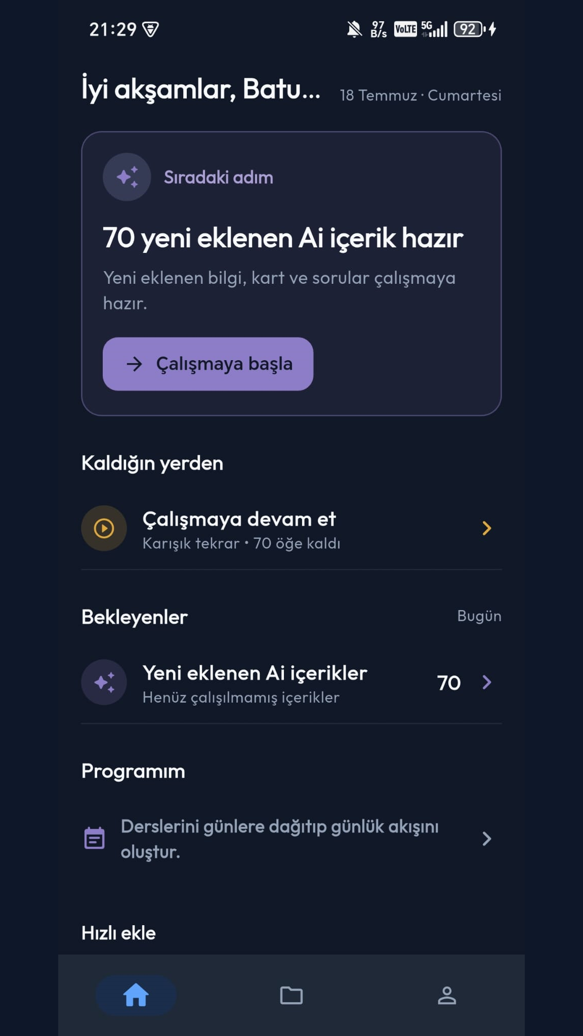 Balpy ana ekranında günlük çalışma, tekrar ve program bölümleri