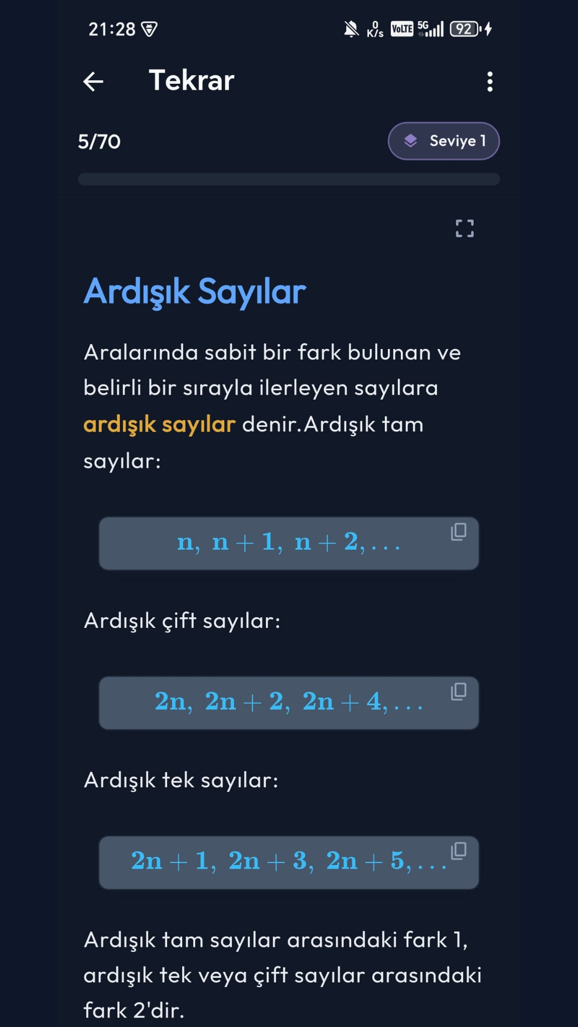 Bilgi tekrarı ekranında konu anlatımı